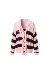 Coffee-pink openwork striped ruffle-edge cardigan
