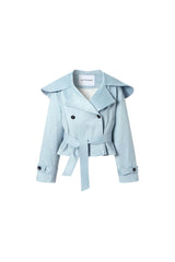 Wide-lapel blue suede tie-waist cropped trench coat
