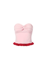 Pink colorblock knot ruffle bustier top