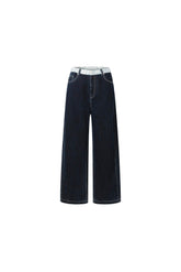 Lace waistband spliced raw-edge straight-leg jeans