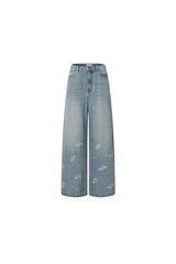 LOGO Leather Patch Bleach Print Denim Wide-Leg Pants