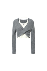 Off-shoulder color-block twisted two-tone knit top