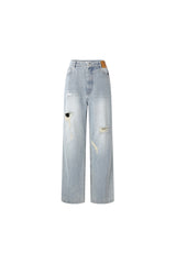 Blue Ripped Logo Straight Leg Jeans