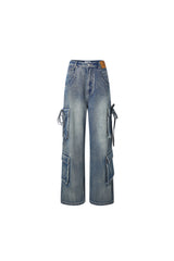 Blue Rhinestone Wash Tie-Detail Pocket Jeans