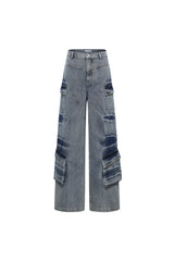 Washed Cargo Pocket Wide-Leg Jeans