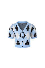 Black & Blue Check Puff Sleeve Knit Top - Set