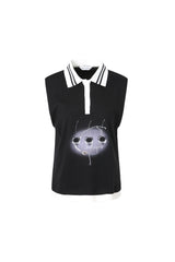 Black Polo Collar Cherry Print Padded Sleeveless Top