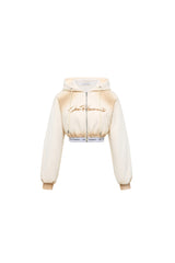 Beige Spray-Paint Logo Elastic Ribbing Zip Hoodie