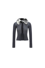Grey Striped Fur Collar Knit Top