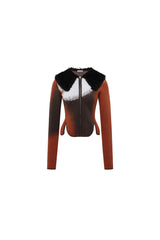 Brown Color Block Fur Collar Knit Top