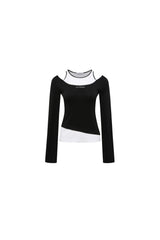 Black & White Color Block Cold Shoulder Long Sleeve Top