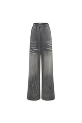 Grey Waterwash Spray-Dye Rhinestone Wide-Leg Sweatpants - Set