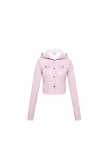 Pink Button-Detail Faux Leather Hooded Top