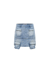 Blue Waterwash Bullet Hole Destroyed Pocket Denim Mini Skirt - Set