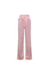 Pink Satin Panel Raw Edge Jeans