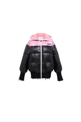 Black & Pink Color Block Destroyed Knit Puffer
