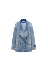 Blue Waterwash Bullet Hole Destroyed Denim Blazer - Set