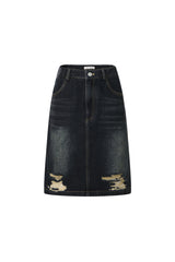 Blue-Grey Washed Denim Ripped Midi Skirt
