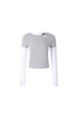 Grey & White Color Block Label Long Sleeve Top