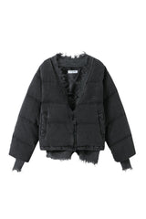 Grey Panel Destroyed Knit Denim Puffer