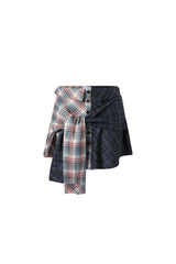 Asymmetric Plaid Patchwork Tie-Front Knot Miniskirt