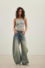 Blue Washed Pearl Rhinestone Curved-Leg Jeans