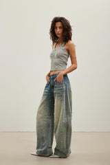Blue Washed Pearl Rhinestone Curved-Leg Jeans