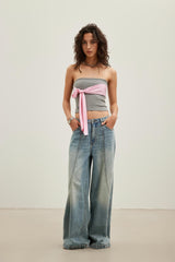 Pink Stripe Tie-Front Knot Grey Bandeau Top