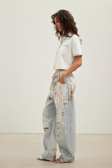Knit spliced striped asymmetric placket shirt