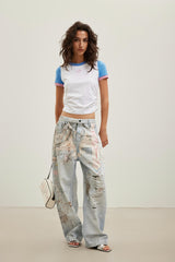 Gray-white faux two-layer logo embroidered short-sleeve top