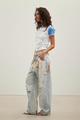 Gray-white faux two-layer logo embroidered short-sleeve top