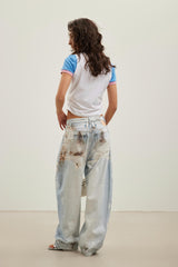 Gray-white faux two-layer logo embroidered short-sleeve top