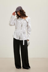 Striped Tie-Sleeve Off-Shoulder Blouse