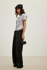 Asymmetric spliced striped off-shoulder short-sleeve top