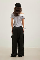 Black roll-waist wide-leg trousers
