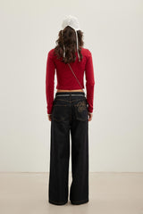 Burgundy Color-Block Diagonal Zipper Long Sleeve Top