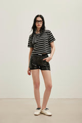 Faux two-layer draped-knot short-sleeve top