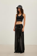 Embroidered Patch Logo Tie Detail Shiny Wide-Leg Cargo Pants