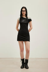 Rhinestone Print Slash-Shoulder Colorblock Knit Dress