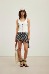 Plaid spliced uneven hem flutter sash dress