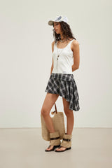 Plaid spliced uneven hem flutter sash dress