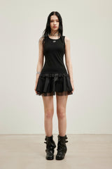 Black mesh spliced logo sleeveless dress