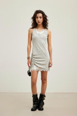Lace Panel Grey Two-Layer Backless Ruched Dress