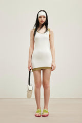Avocado green spliced white embroidery logo asymmetric hem sleeveless dress