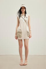 Khaki colorblock polo collar utility pocket sleeveless dress