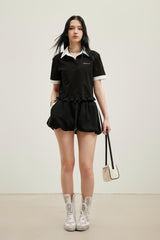 Embroidered Logo Collar Ruffle Hem Short Sleeve Top – Set
