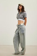 Blue Washed Cargo Pocket Curved-Leg Jeans