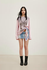 White Distressed Print Loose Round Neck Long Sleeve