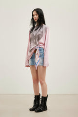 White Distressed Print Loose Round Neck Long Sleeve