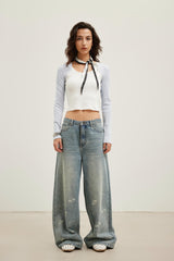 LOGO Leather Patch Bleach Print Denim Wide-Leg Pants